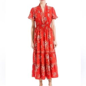 Max Studio Red Cream Floral Print Pleat Placket Ruffle Tiered Midi Dress L NWOT